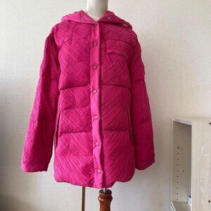 Issey Miyake Size Medium Hot Pink Jacket Ribbed Silk Hooded Pockets Coat